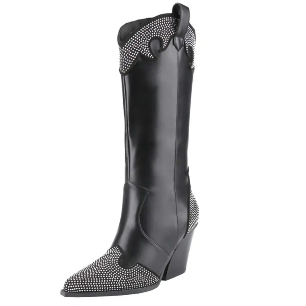 Western Black and Silver Heeled Boots with Elegant Design Sz 9